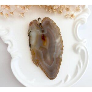 Polished Sliced Agate Geode Crystal Freeform Large Gold Toned Vintage Pendant